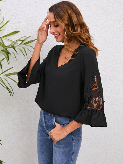 V-Neck Lace Detail Flounce Sleeve Blouse Trendsi b9ce8fb14e854c869896f2f161837cf2-Max