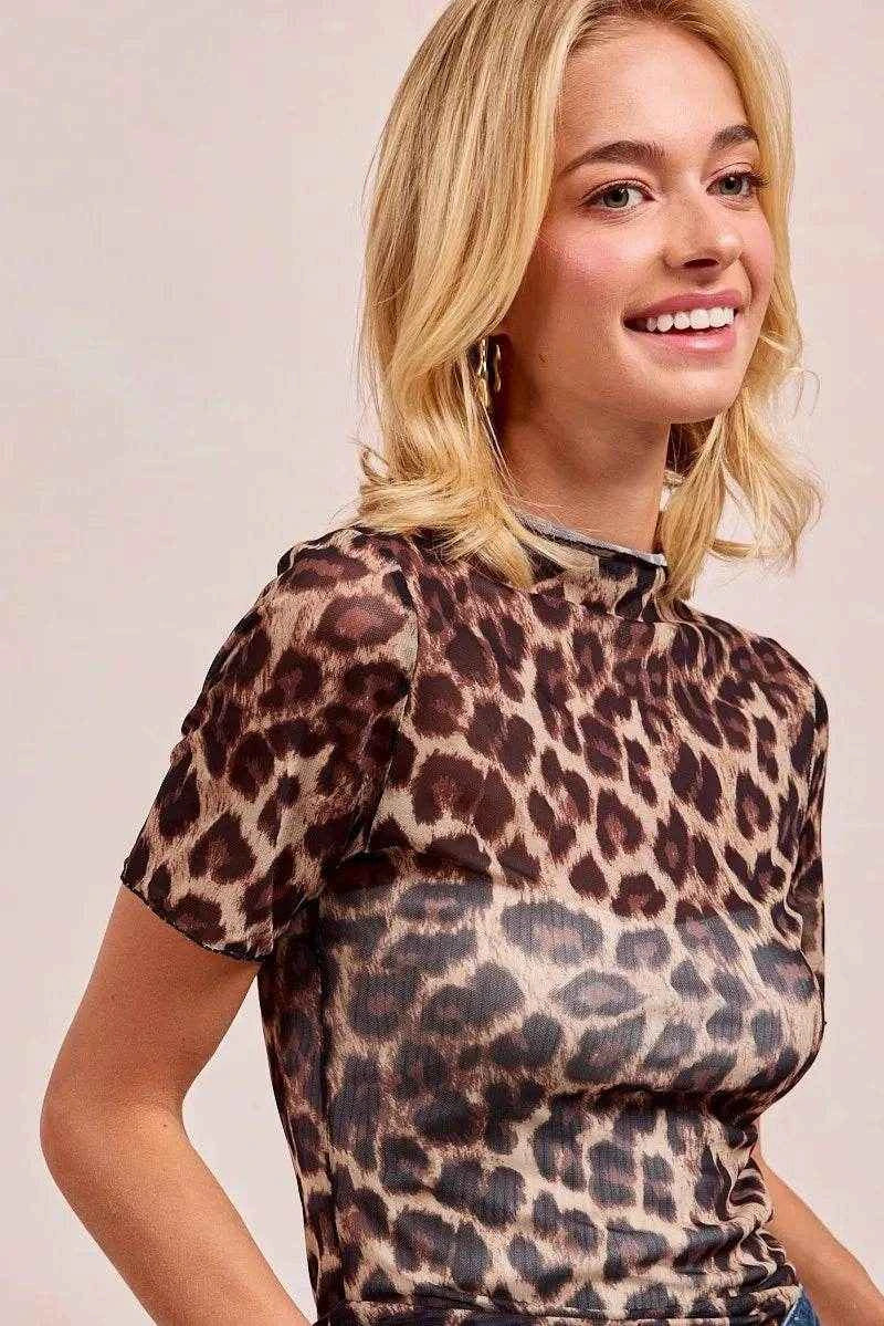 BiBi High Neck Leopard Mesh Short Sleeves Top Trendsi b9d04864e5294060ace78c352db4ffbf-Max-Origin