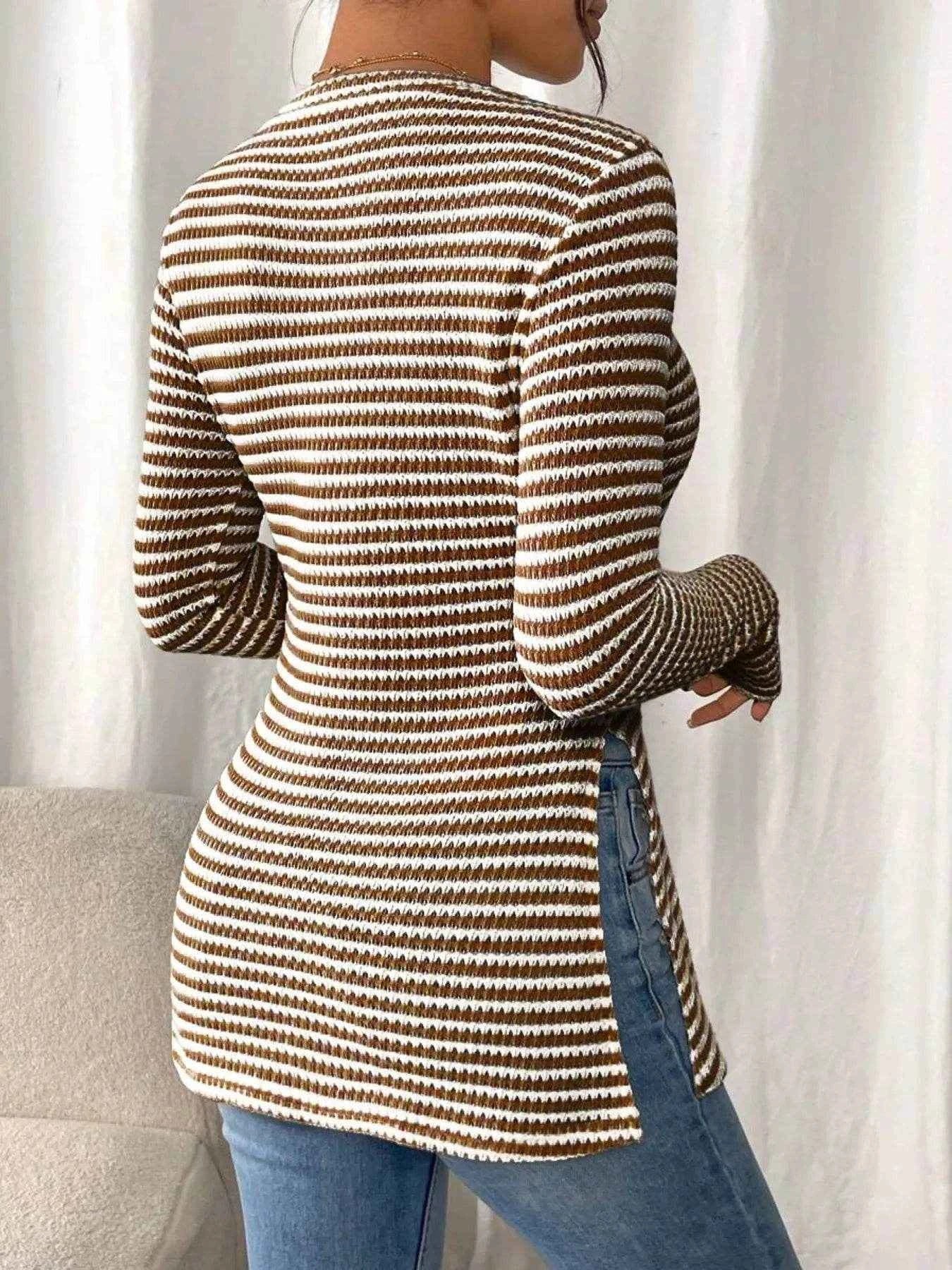 Side Slit Striped Long Sleeve T-Shirt Trendsi b9d82a643b6c4d4f8295a5cf77b6d1b7-Max-Origin