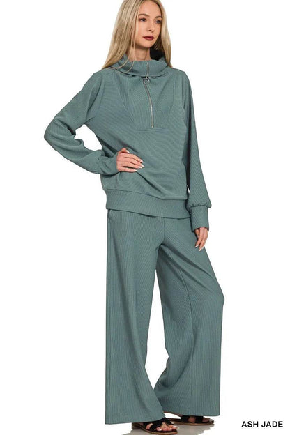 Zenana Ribbed High Neck Half Zip Pullover & Pants Set Trendsi ba090cebb6034e59a961e5bb17dba6f8-Max-Origin