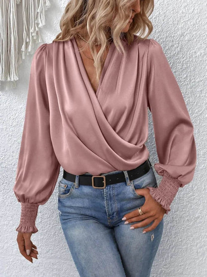 Surplice Smocked Lantern Sleeve Blouse Trendsi ba397519628d4d77b5c2fc4b77fa1d9f-Max