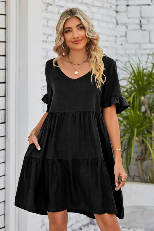Mandy V-Neck Flounce Sleeve Tiered Dress Black Trendsi ba46b97b36604253ad6ed23961cf7d33-Max