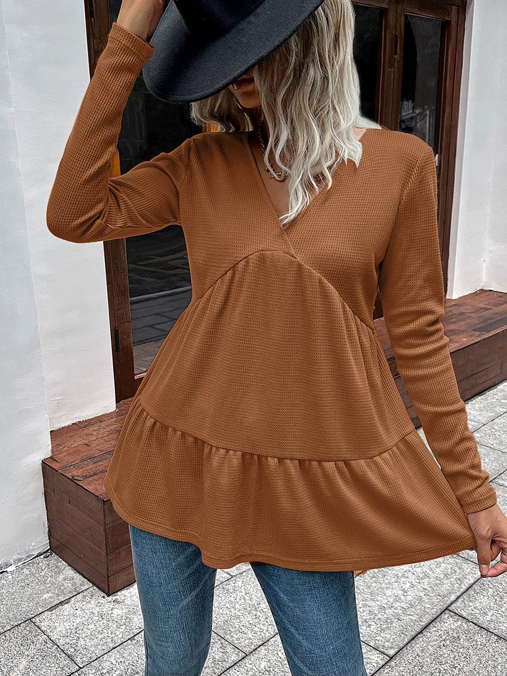 Ivy Lane Waffle-Knit V-Neck Long Sleeve Blouse Trendsi ba498daad9c54128b233e13edd68eb1c-Max