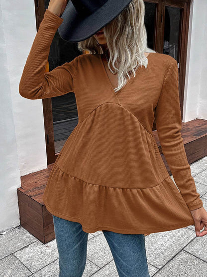 Ivy Lane Waffle-Knit V-Neck Long Sleeve Blouse Trendsi ba498daad9c54128b233e13edd68eb1c-Max