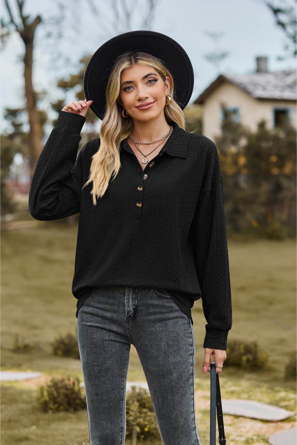 Collared Neck Long Sleeve Blouse Black Trendsi ba67a1e6e96e4de8b59da3307993947c-Max