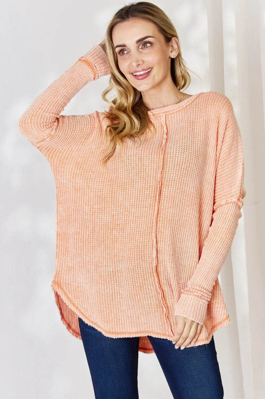 Zenana Oversized Washed Waffle Long Sleeve Top Light Orange Trendsi ba6c25e9-466e-4439-af4b-c02d5a9713f8-Max
