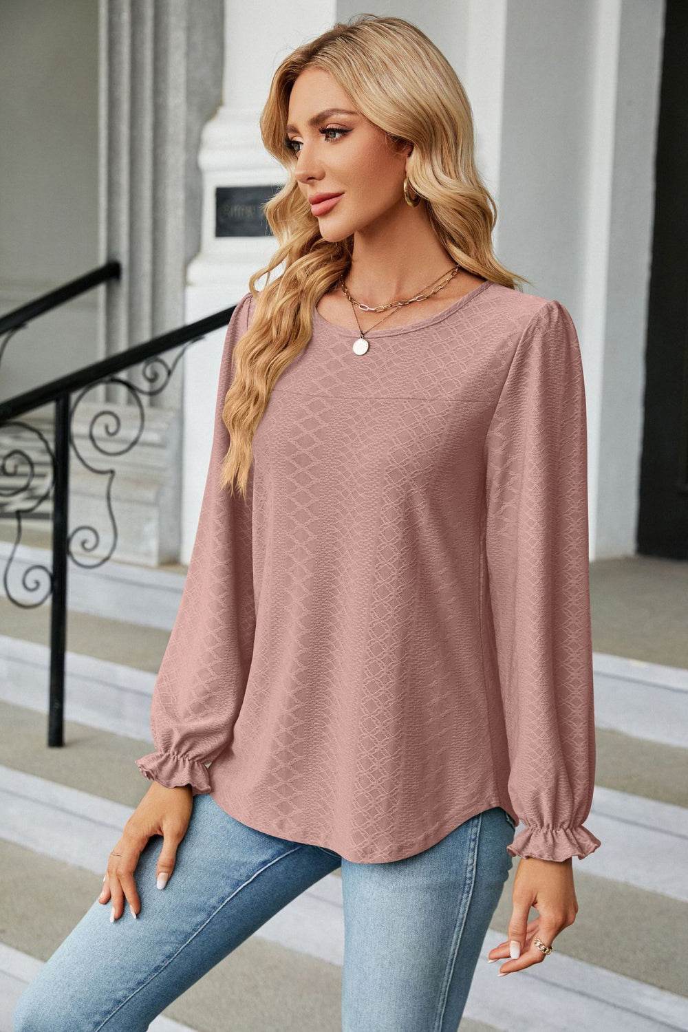 Round Neck Flounce Sleeve Blouse Trendsi ba7edf73184e4c7eae2c87e0e5cd06af-Max