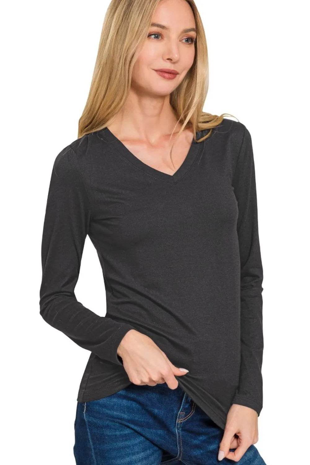 Zenana Brushed Microfiber Long Sleeve V-neck Tee Black Trendsi ba858b3c-5ea9-4fd2-882b-d32754431d6c-Max-Origin