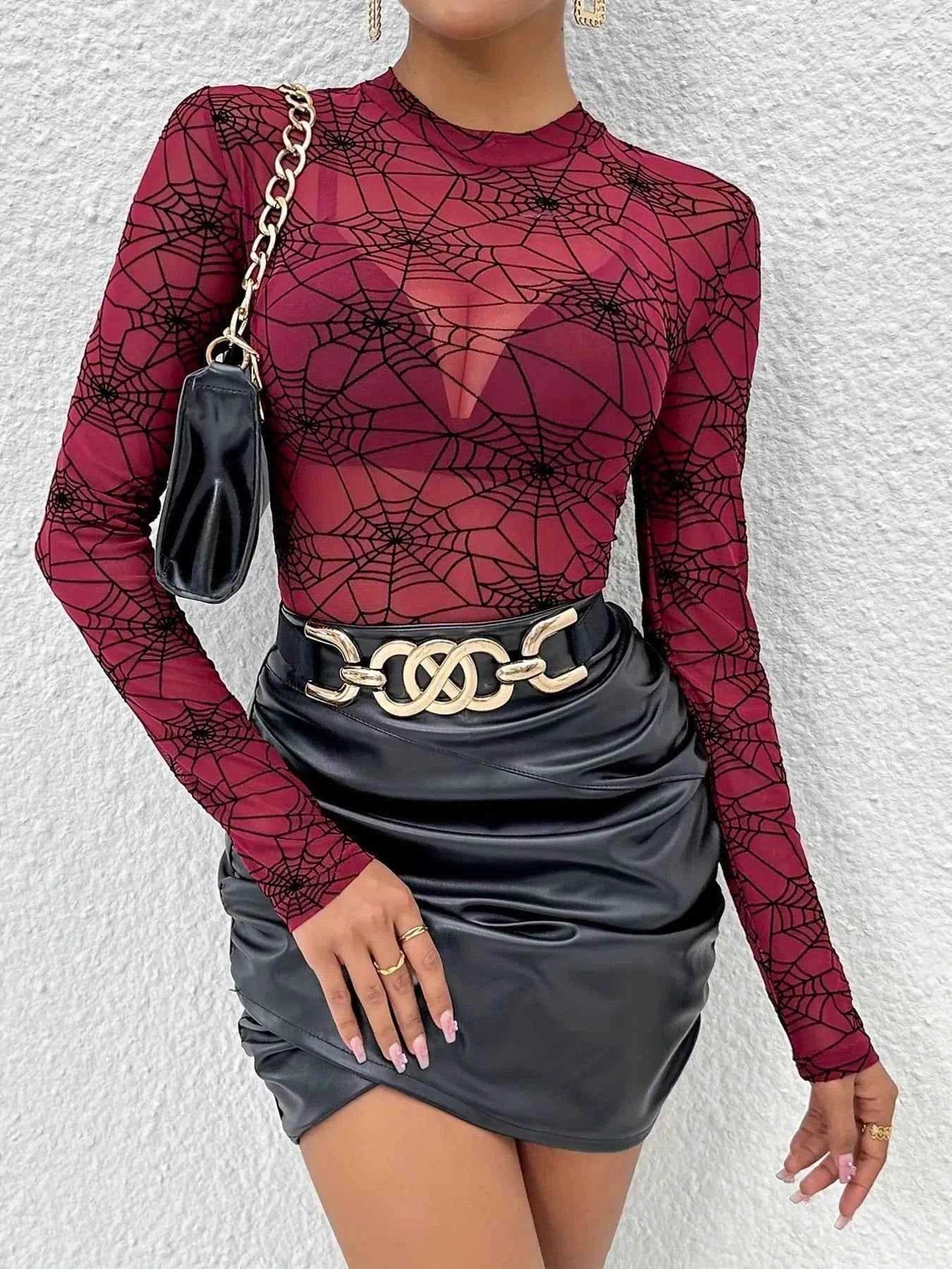 Spider Web Print Long Sleeve Blouse Burgundy Trendsi ba859c018b154835af177e7bc369b462-Max-Origin