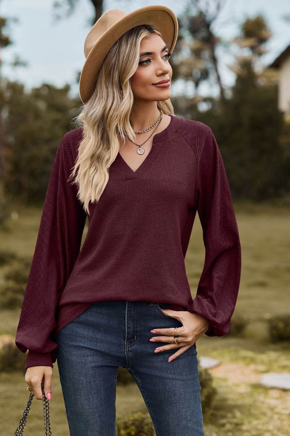 Notched Neck Raglan Sleeve Blouse Burgundy Trendsi ba9d29291330430893a6aedc4895b57b-Max