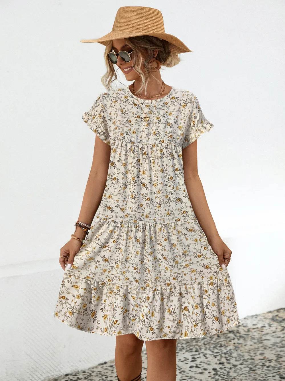Frill Floral Round Neck Short Sleeve Tiered Dress Trendsi baae7467-c684-43c7-a9b4-826cef78898f-Max