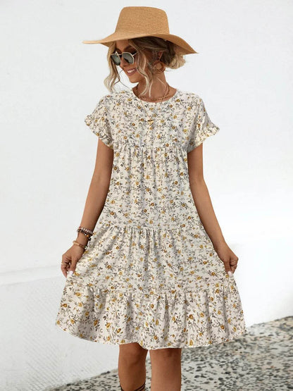 Frill Floral Round Neck Short Sleeve Tiered Dress Trendsi baae7467-c684-43c7-a9b4-826cef78898f-Max