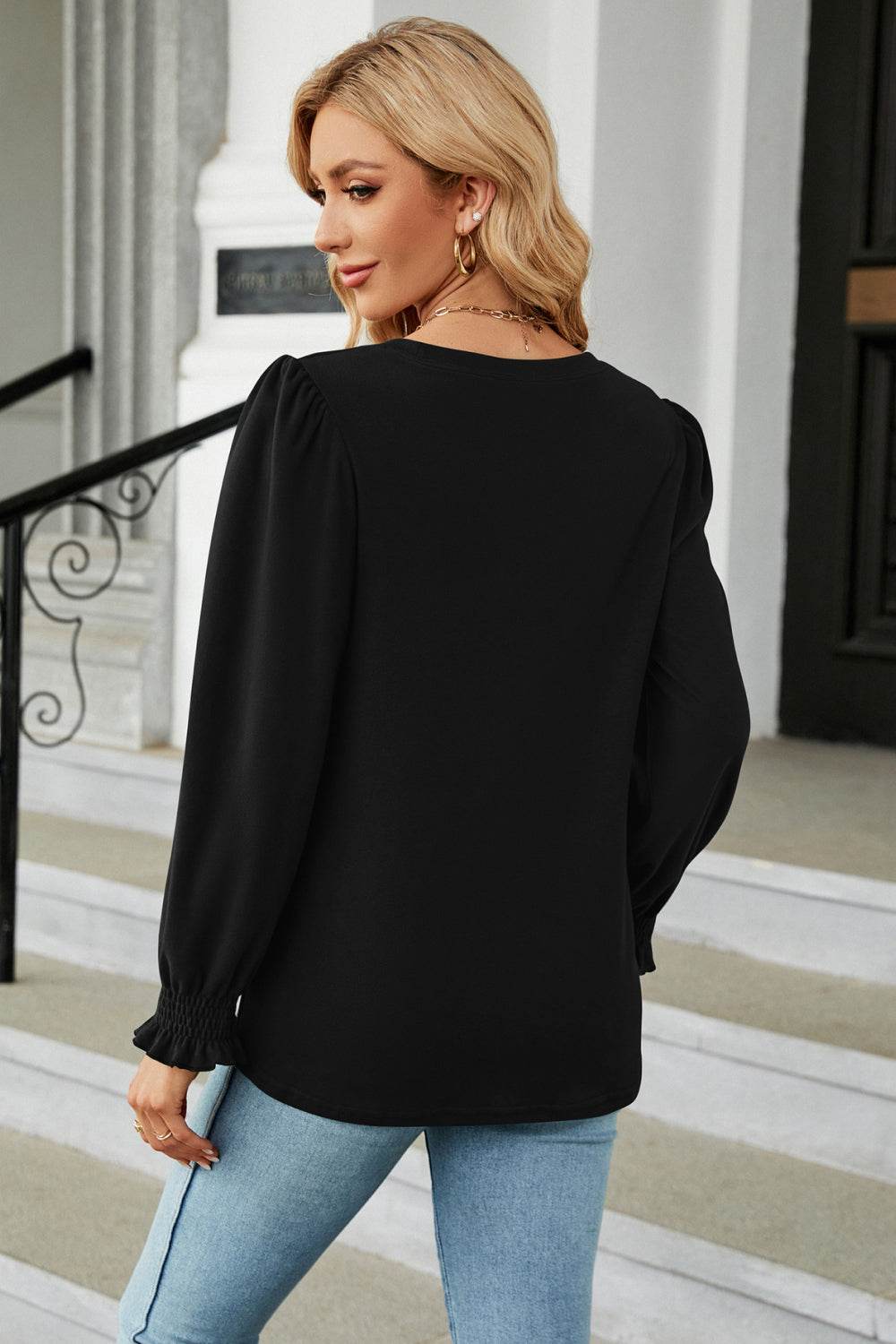 Round Neck Smocked Flounce Sleeve Blouse Trendsi bad0249def8d4935a96fa674939b2251-Max