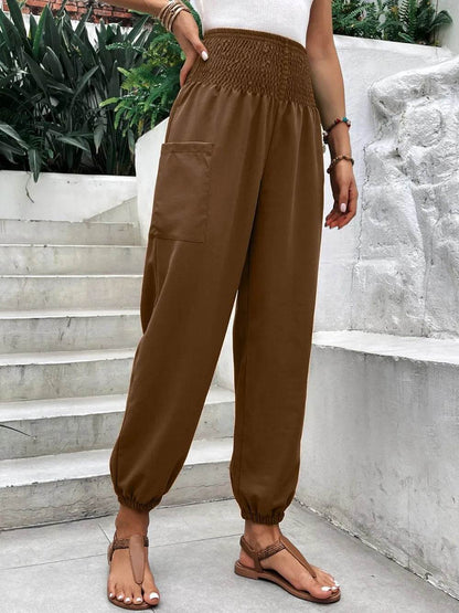 Smocked High Rise Joggers with Pockets Brown Trendsi bad37bb6-fdba-47dd-b77f-08feb34bc768-Max