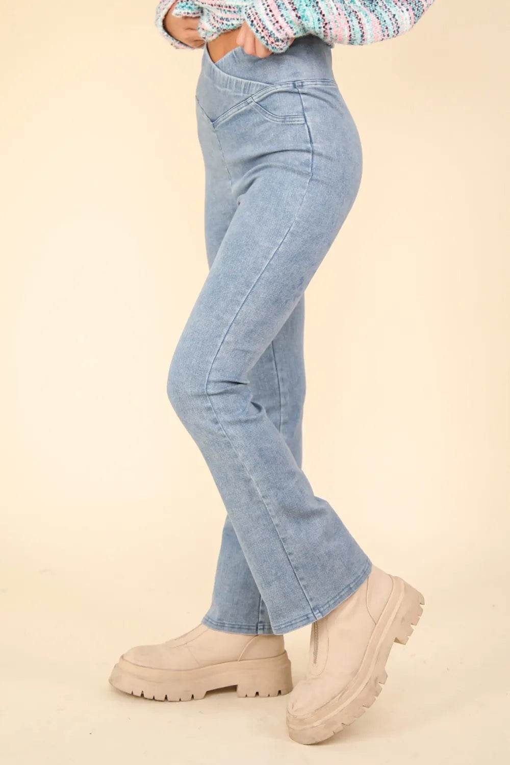 VERY J Washed Denim Stretchy Crossover Waist Leggings Trendsi bad3c638-febe-428e-bab2-17510a70cc52-Max