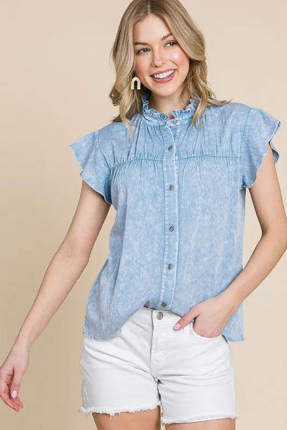 Lime 'N' Chili Mineral Wash Flutter Sleeve Button Down Shirt Trendsi bb0c34a7-1c6c-4420-9e24-6b934605d4dd-Max