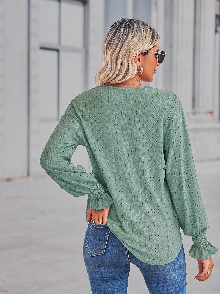 V-Neck Eyelet Flounce Sleeve Blouse Trendsi bb21634016c8470fba70d65a9b0b5c14-Max