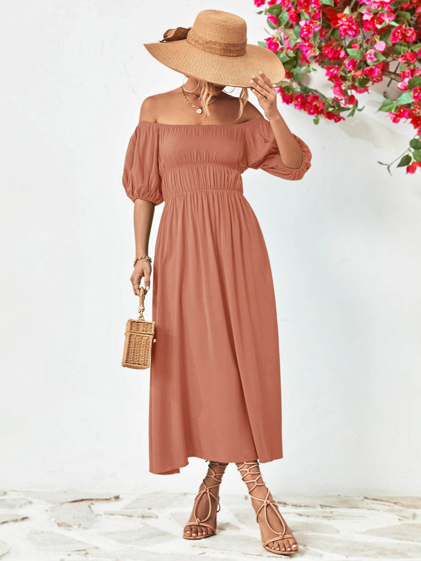 Off-Shoulder Balloon Sleeve Midi Dress Dusty Pink Trendsi bb306e2ba31545c2aae5f50b9d7f76f1-Max