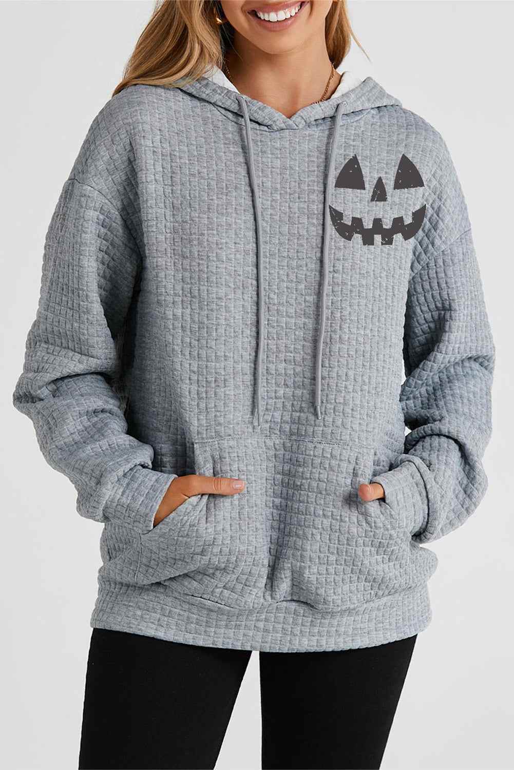 Pumpkin Face Graphic Drawstring Hoodie with Pocket Charcoal Trendsi bb3ec021a7304455b4fe51e53b08b160-Max