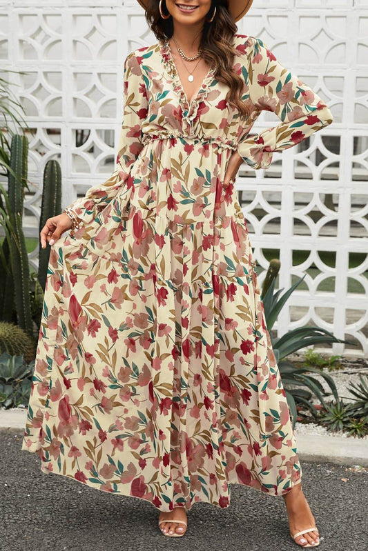 Floral Frill Trim Flounce Sleeve Plunge Maxi Dress Sand Trendsi bb582adb2c494a7bbe720e0a1b13b9e8-Max