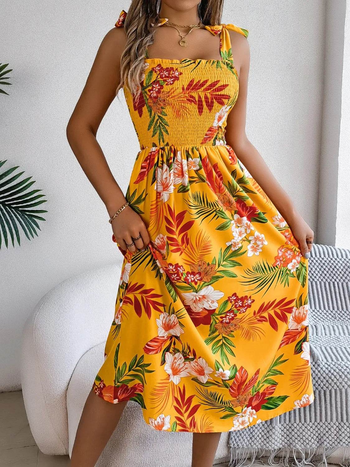 Smocked Floral Tie Shoulder Midi Dress Trendsi bb7fcaf0-e060-491f-a915-7bd525c5e135-Max-Origin
