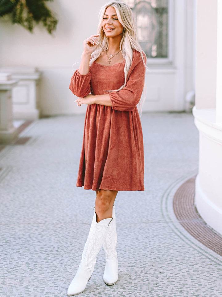 Square Neck Three-Quarter Sleeve Mini Dress Trendsi bb855a60984849f98d178679be617d22-Max