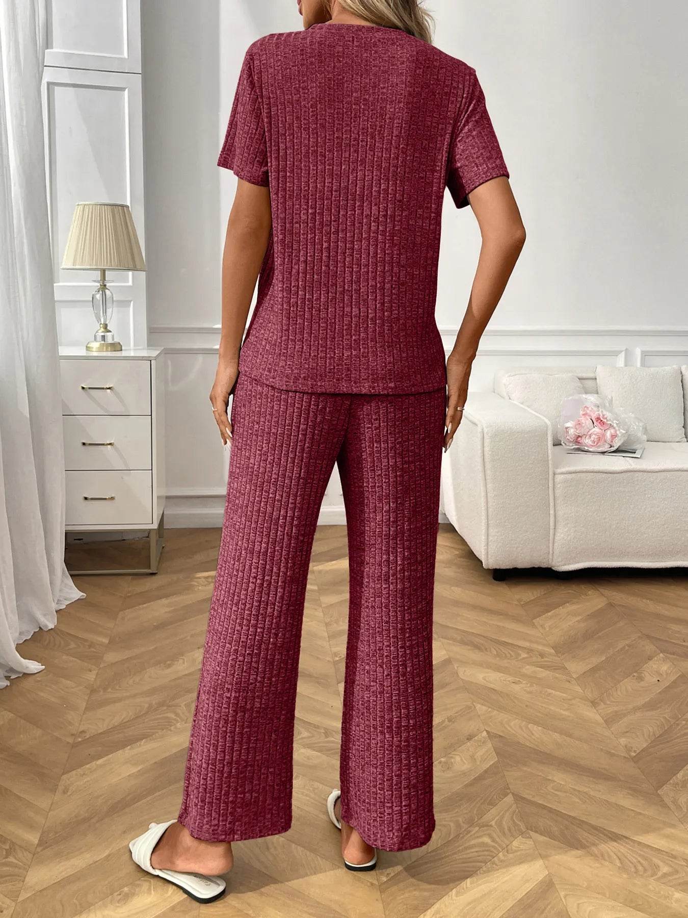Ribbed Knit Short Sleeve Top and Pants Lounge Set Trendsi bb879d019f1c4bd99cf18c5eca402c32-Max-Origin