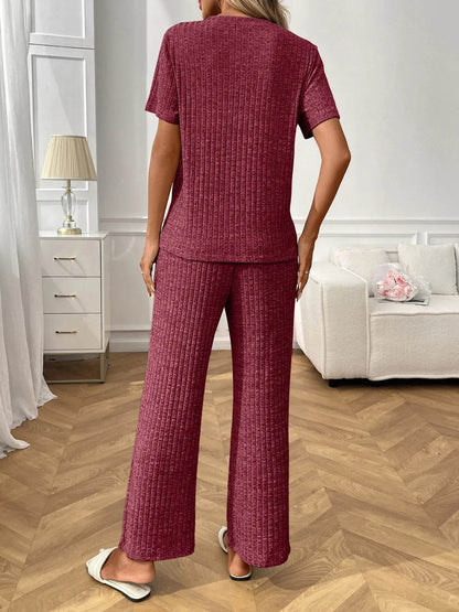 Ribbed Knit Short Sleeve Top and Pants Lounge Set Trendsi bb879d019f1c4bd99cf18c5eca402c32-Max-Origin