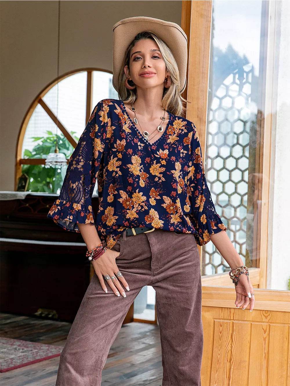 Floral V-Neck Crochet Blouse Multicolor Trendsi bbc763122eed40ccb24c1ecdd0a027f3-Max