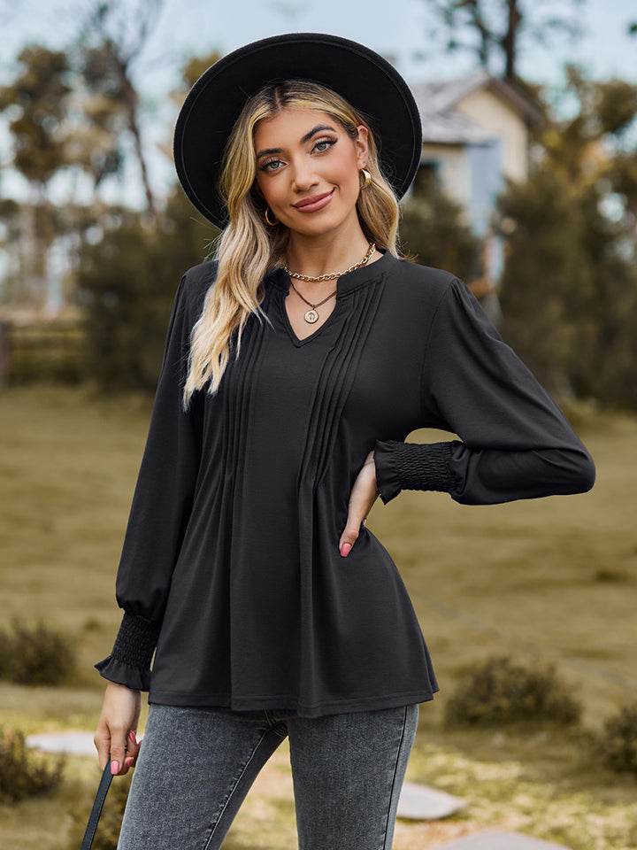 Notched Neck Flounce Sleeve Blouse Trendsi bbd23f16eb10461cb21c5c4f598141ec-Max