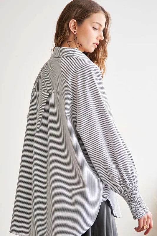 ADORA High-Low Striped Button Down Smocked Lantern Sleeve Shirt Trendsi bbdd5462-f619-42e1-a8d6-563482516345-Max