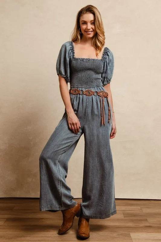 BiBi Smocked Washed Puff Sleeve Square Neck Denim Jumpsuit Medium Trendsi bbe87773-be70-4fe1-b429-d8f719c2582b-Max-Origin