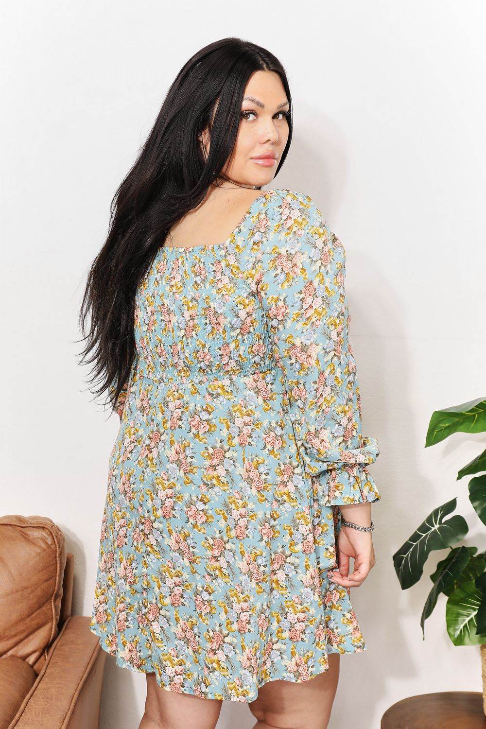 Honey Floral Smocked Flounce Sleeve Square Neck Dress Trendsi bc0a656e0607426d987f2a488ab30328-Max