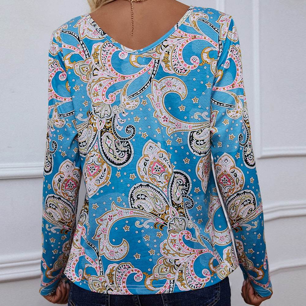 Shiny Printed V-Neck Long Sleeve Blouse Trendsi bc22c6459075492abed006f526d7873f-Max