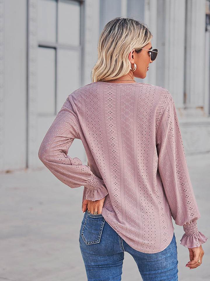 V-Neck Eyelet Flounce Sleeve Blouse Trendsi bc28a8e1200b4b728825a9307a1a6484-Max