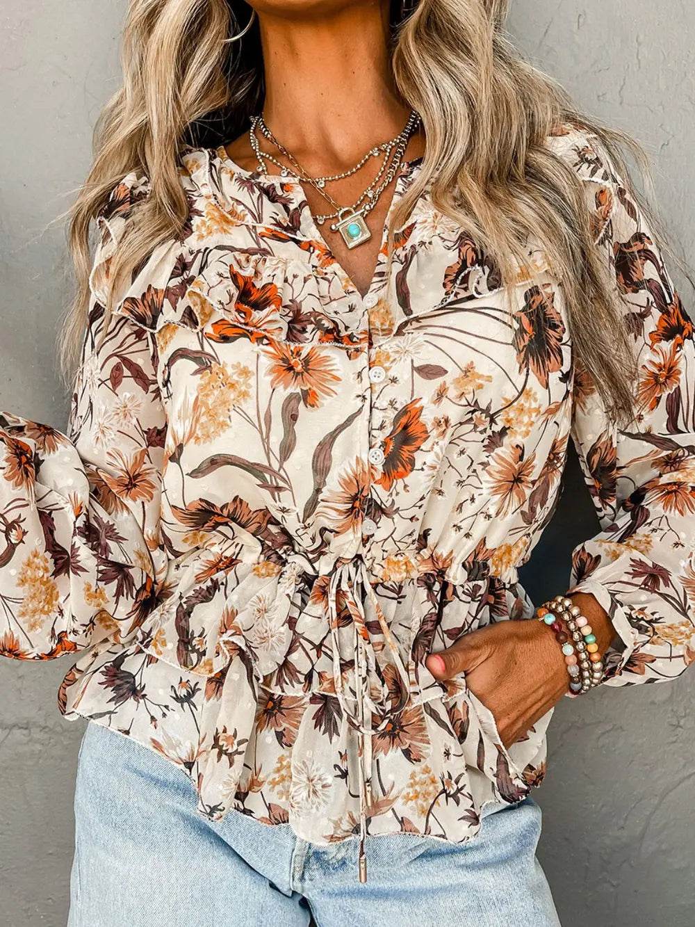 Drawstring Floral Lantern Sleeve Blouse Trendsi bc3dc1db9d5743dfa9b5de28a0e49387-Max