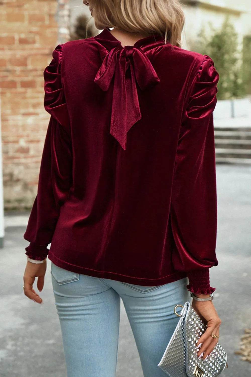 Tie Up Mock Neck Velvet Fabric Long Sleeve Blouse Trendsi bc3ff59a-d197-4d0a-9aa2-5d3fdbdb9674-Max
