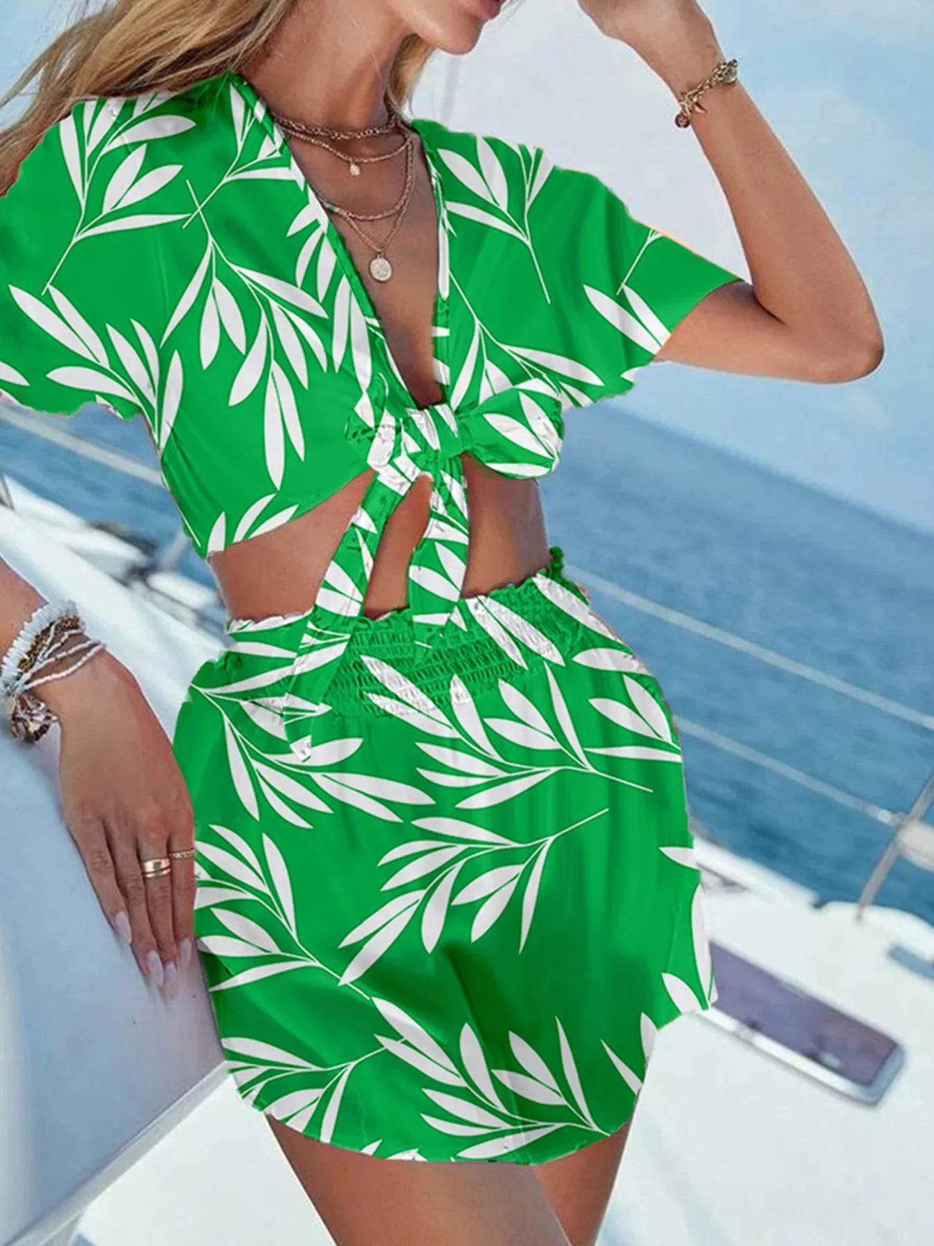 Printed Tie Front Top and Shorts Set Trendsi bc5cc0f994db42f0804e60e34a46380d-Max-Origin