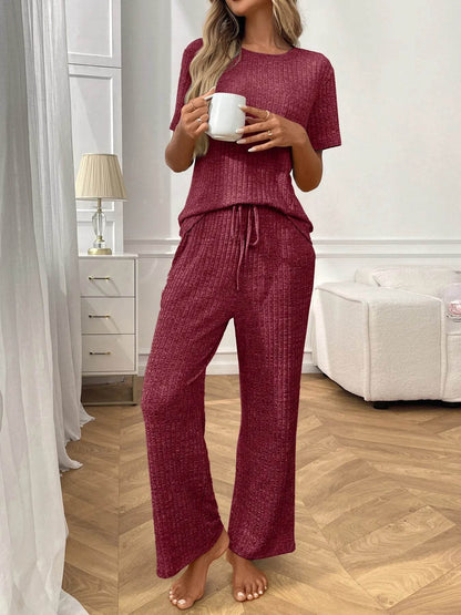 Ribbed Knit Short Sleeve Top and Pants Lounge Set Wine Red Trendsi bca091d936c142a897698a40bd0d1745-Max-Origin