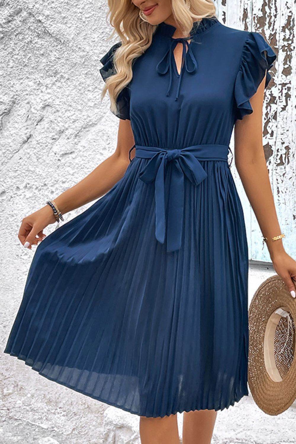 Perfee Tie Neck Belted Pleated Dress Trendsi bccd3b1bc8ad4972bc1b7eb68affed6b-Max