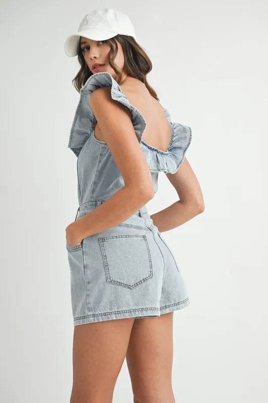MABLE Off Shoulder Ruffle Detail Denim Romper Trendsi bcda0cd6cc1d4f0499420300ae86c98d-Max-Origin