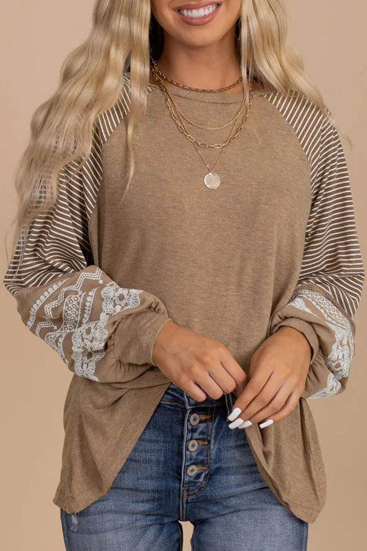 Striped Round Neck Long Sleeve Blouse Khaki Trendsi bd151d0c7a824efda9f7facb09dd049a-Max