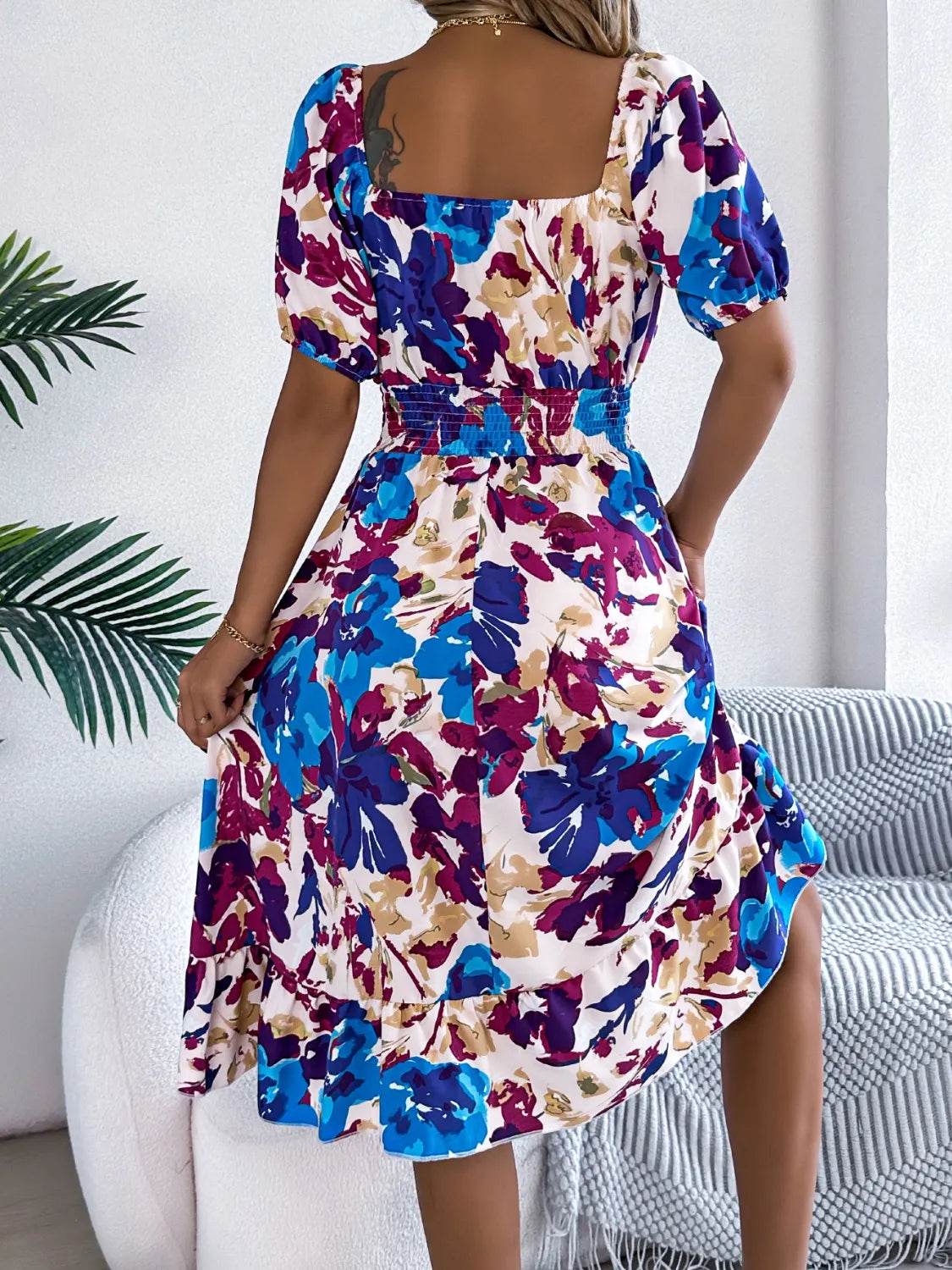 Ruffled Hem Smocked Floral Short Sleeve Midi Dress Trendsi bd2fac5c-abf0-466f-97c1-ab45e5375d5f-Max-Origin
