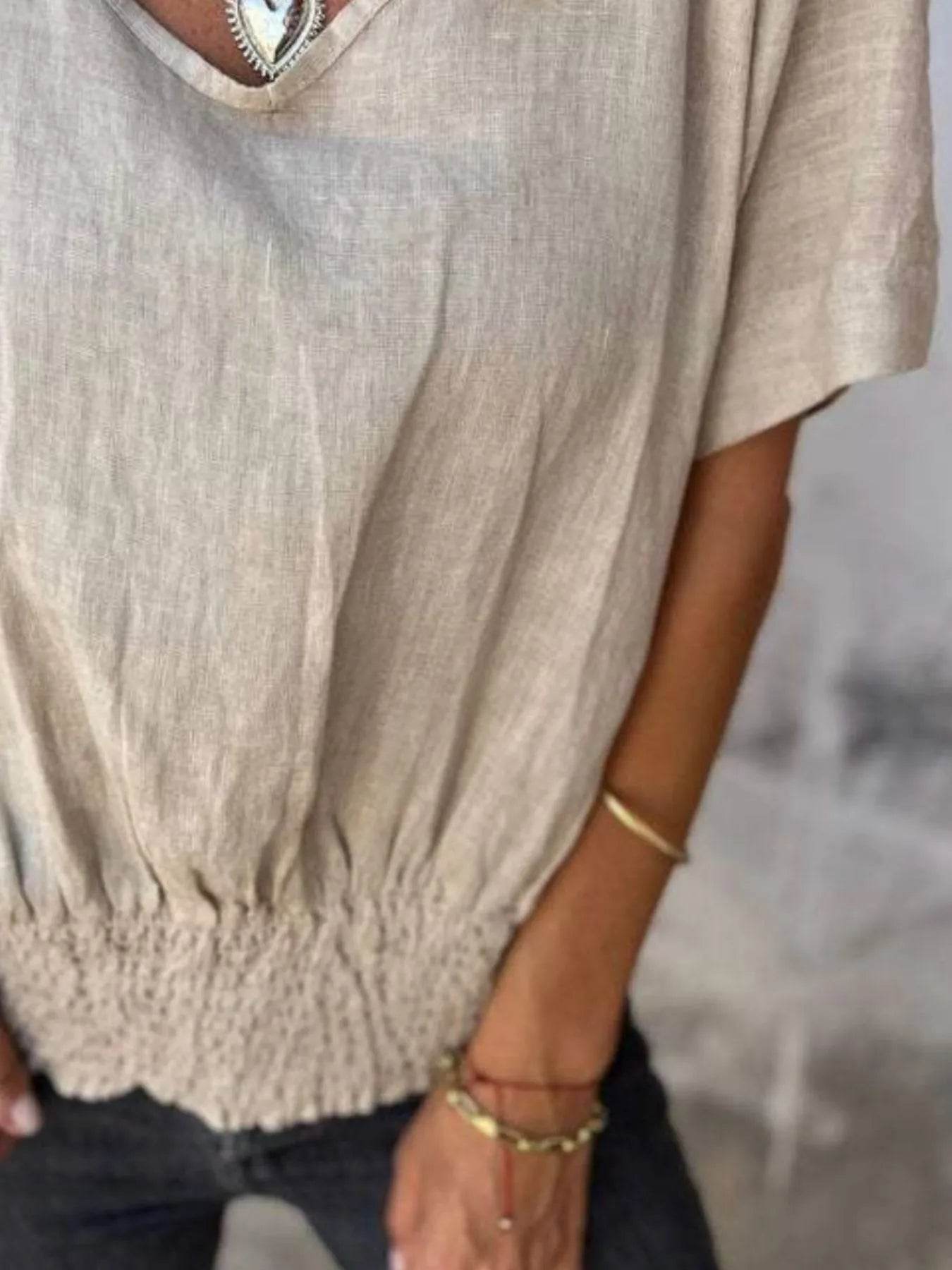 Full Size Smocked Hem V-Neck Relaxed Fit T-Shirt Plus Size Trendsi bd8be820-875f-454a-a861-49805b97a9b6-Max-Origin
