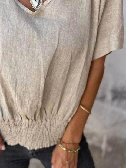 Full Size Smocked Hem V-Neck Relaxed Fit T-Shirt Plus Size Trendsi bd8be820-875f-454a-a861-49805b97a9b6-Max-Origin