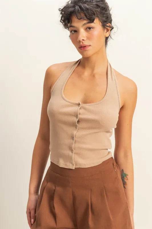 HYFVE Halter Neck Buttoned Washed Top DARK TAUPE Trendsi bd8e0147ea3041b79cae49e5deb3594b-Max-Origin