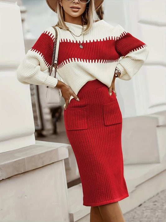 Two-Tone Ribbed Knit Top and Skirt Sweater Set Trendsi bd9e679e133c4c3e8a9011b81d23133d-Max-Origin