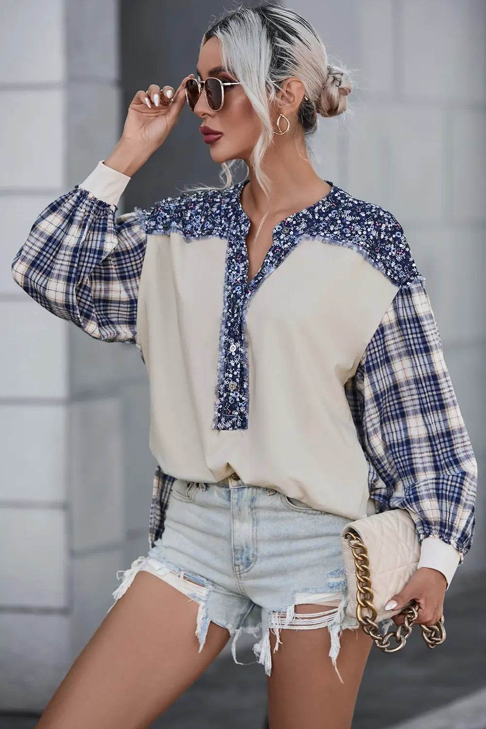Plaid Notched Neck Slit Blouse Trendsi bda412de179640338498b8b6b4250b2c-Max