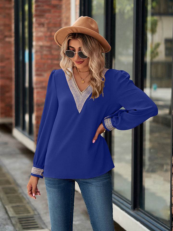 V-Neck Long Sleeve Blouse Trendsi bdc2fb27dfa64fc0ab1766e4623f5f9a-Max