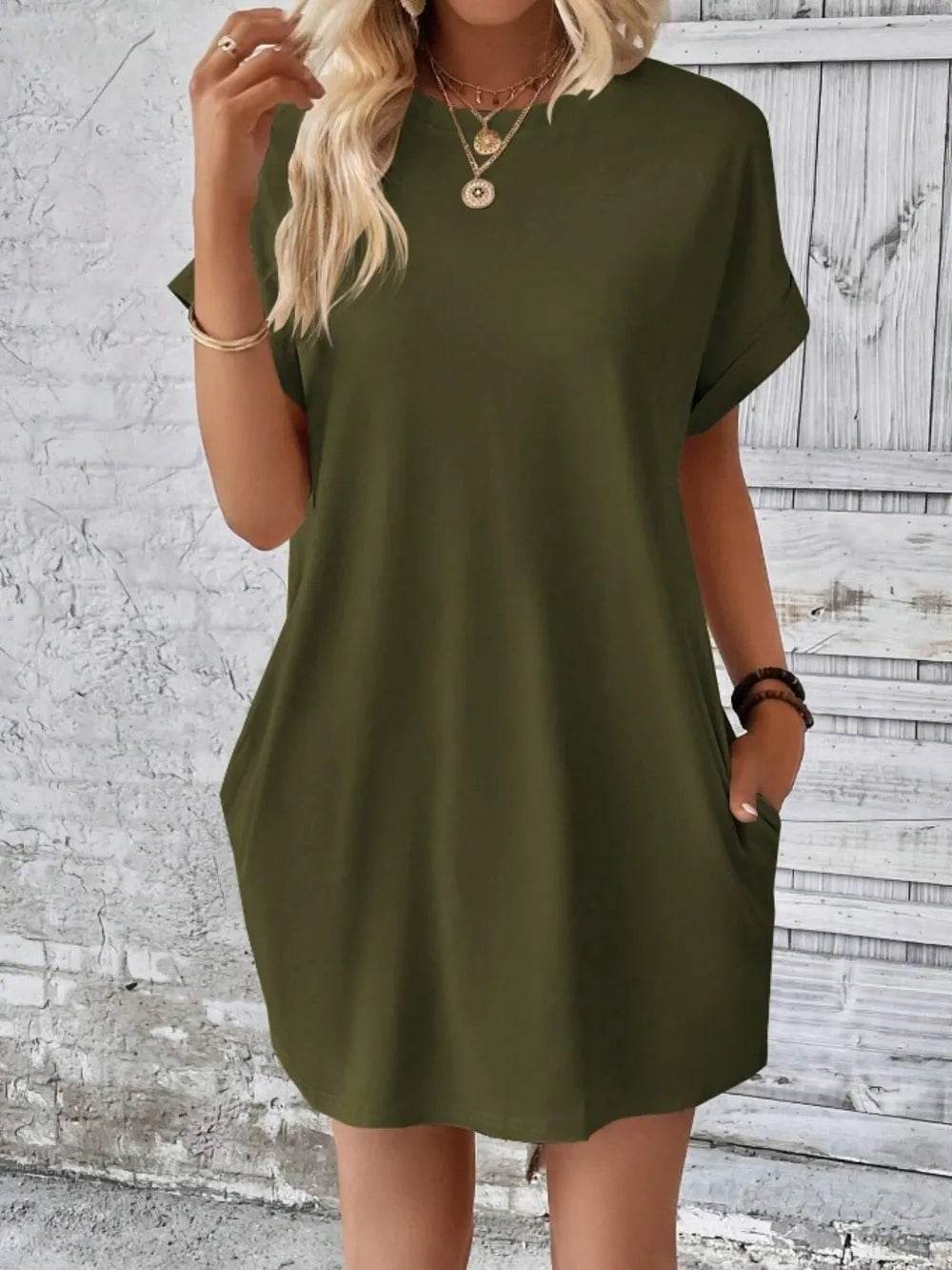 Pocketed Round Neck Short Sleeve Dress Army Green Trendsi bdcaa5a5-7d6e-4f58-a9c0-68fe256e4c87-Max